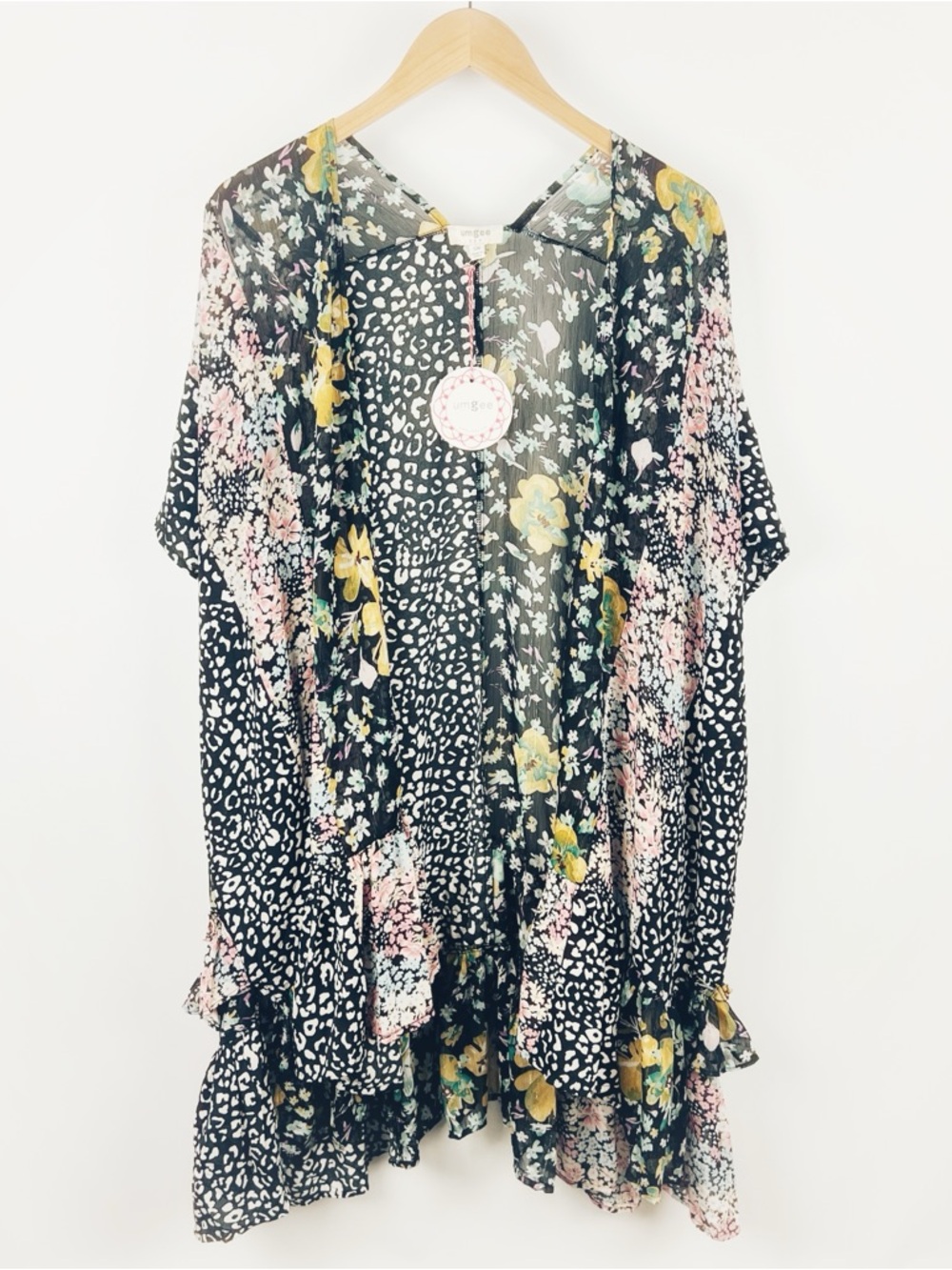 NWT Umgee Floral Leopard Mixed Print Ruffle Kimono Duster Cardigan Black S/M